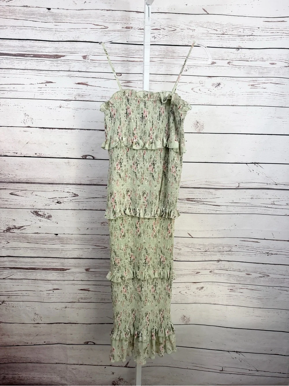 MABLE Light Green Pink Floral Print Smocked Midi Stretchy Tube Dress Size Small - Picture 2 of 11